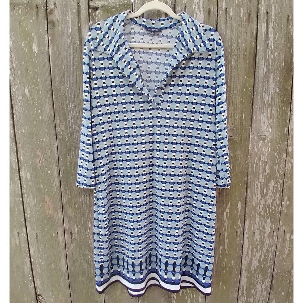 Max Edition size XL shift dress blue geometric henley collar